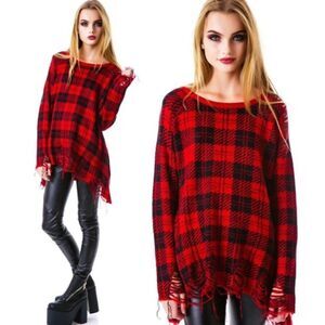 UNIF red black plaid knit Kurt distressed destroyed frayed round neck sweater
